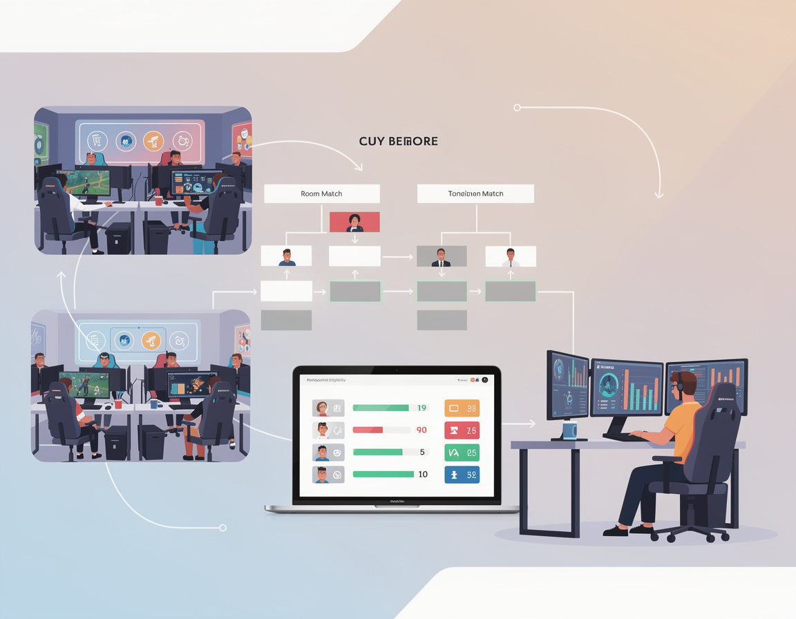 Ilustrasi alur eligibility peserta sebelum bracket dibuka untuk indo138 dengan room match, bracket, screenshot skor, dan admin review