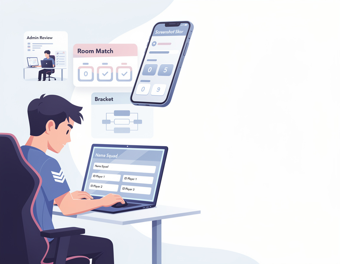 Ilustrasi cara mengisi registrasi squad tanpa salah id player untuk indo138 dengan room match, bracket, screenshot skor, dan admin review